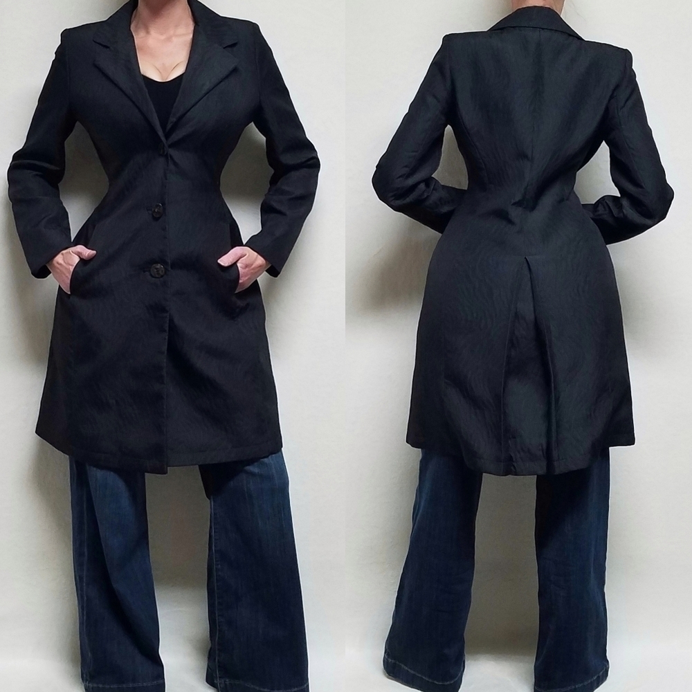 VINTAGE 90s Via Spiga Black Embossed Zebra Print Lightweight Fitter Overcoat 6